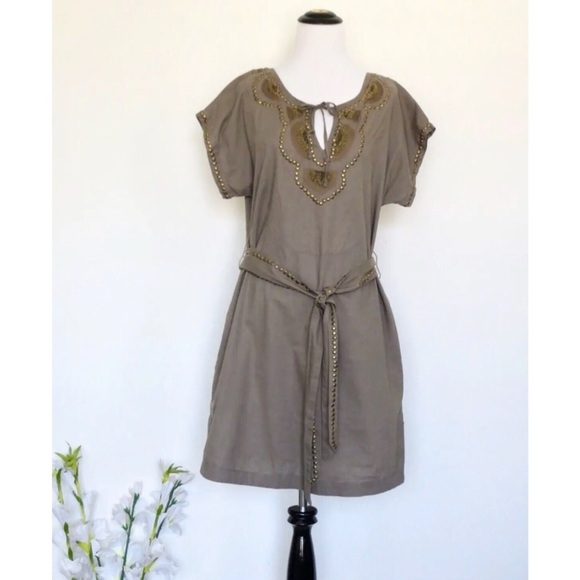 NEW! Victoria's Secret Linen Blend Dress with Belt Metallic Ornament Detail SZ M - Picture 1 of 6